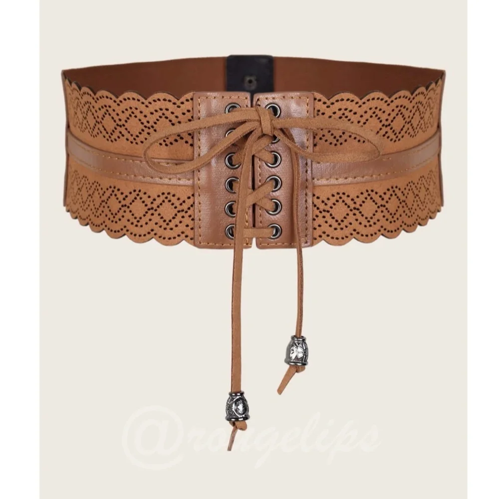 PU Wide Corset Laser Cut Hollow Out Brown Belt Boho - Picture 1 of 6